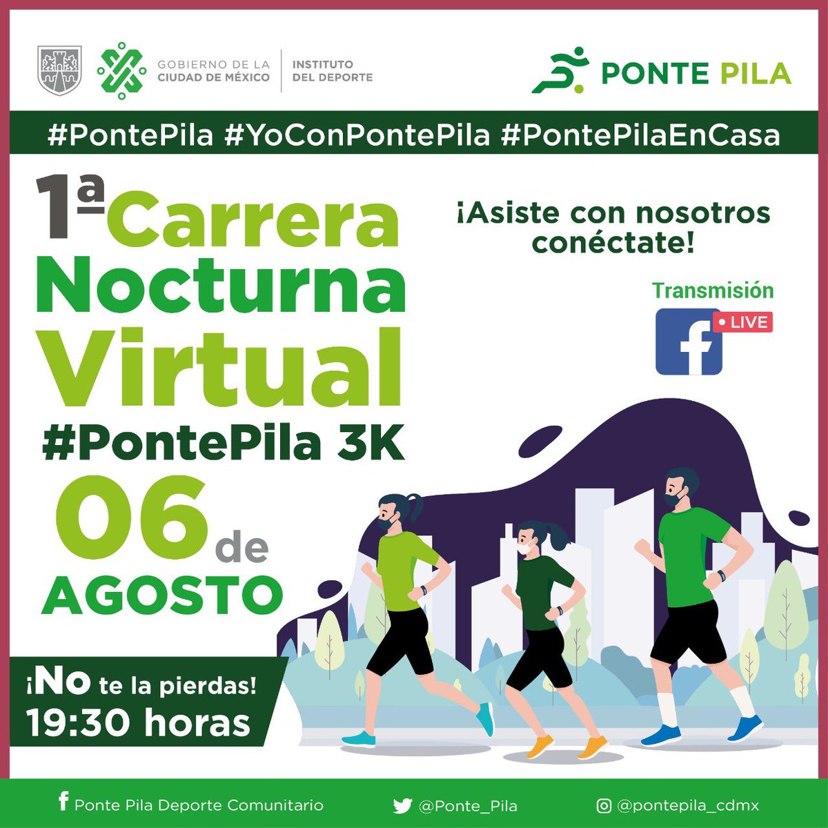 Ponte_Pila_'s tweet photo. 🟢 #PontePilaEnCasa 
¿Tienes planes para este 6 de agosto?
Te invitamos a participar en nuestra 1ª Carrera Nocturna Virtual #PontePila 3K 🏃🏻‍♀️🏃🏻🏃🏻‍♂️
¡Invita a toda tu familia, solo regístrate y nos vemos este jueves en punto de las 19:30 horas!  👇🏻 
https://t.co/7C8X22ecYf https://t.co/vdtDjBsbAN