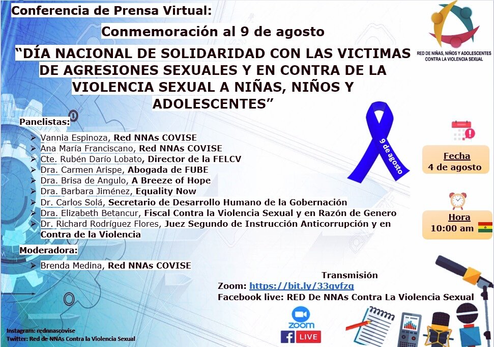 Leti_Vega_'s tweet photo. La @RedNnas, los invita a participar de la #ConferenciaDePrensa #Virtual en conmemoración al #9DeAgosto "Día Nacional de Solidaridad con las Victimas de Agresiones Sexuales y en Contra de la Violencia Sexual a Niñas Niños y Adolescentes" 
https://t.co/IVjHa9EDhy
#RumboAl9DeAgosto https://t.co/zLOpaJLjQl