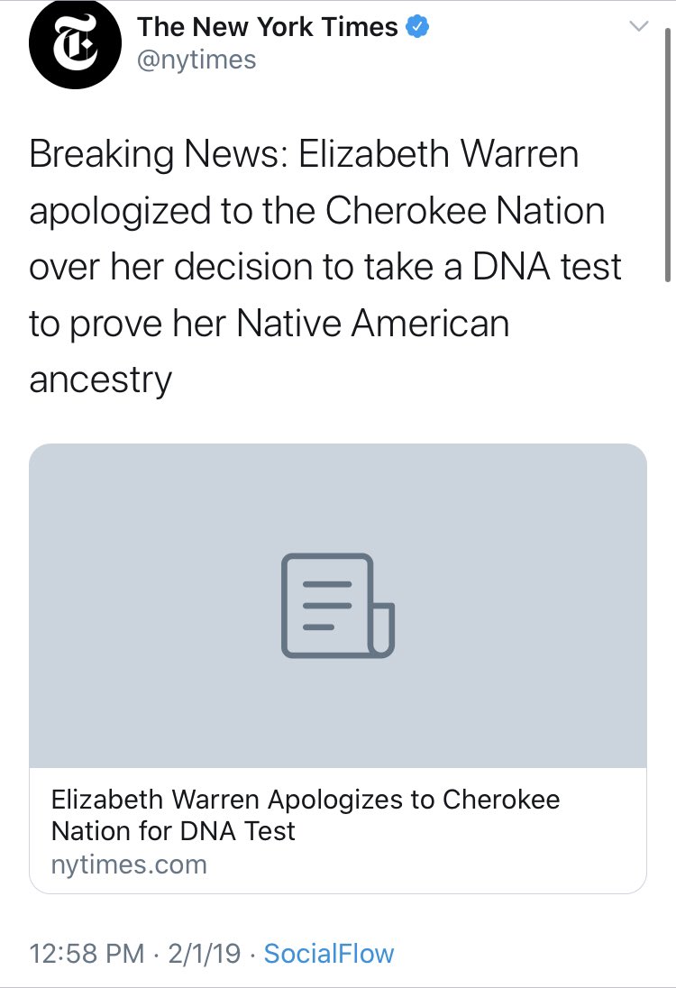 As a refresh,  @ewarren released a DNA test in 2018 saying she was AT LEAST 1/1,024th Native American to - I kid you not - prove her Native American heritage.The media took this as proof - their word, not mine - validating the claim she’d be making for years. Here’s  @nytimes.