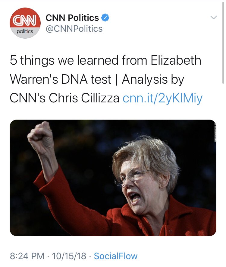 It is amazing that one of the “5 things we learned” from  @ewarren’s test isn’t “Elizabeth Warren is not actually Native American.”Astute observations as always,  @CillizzaCNN