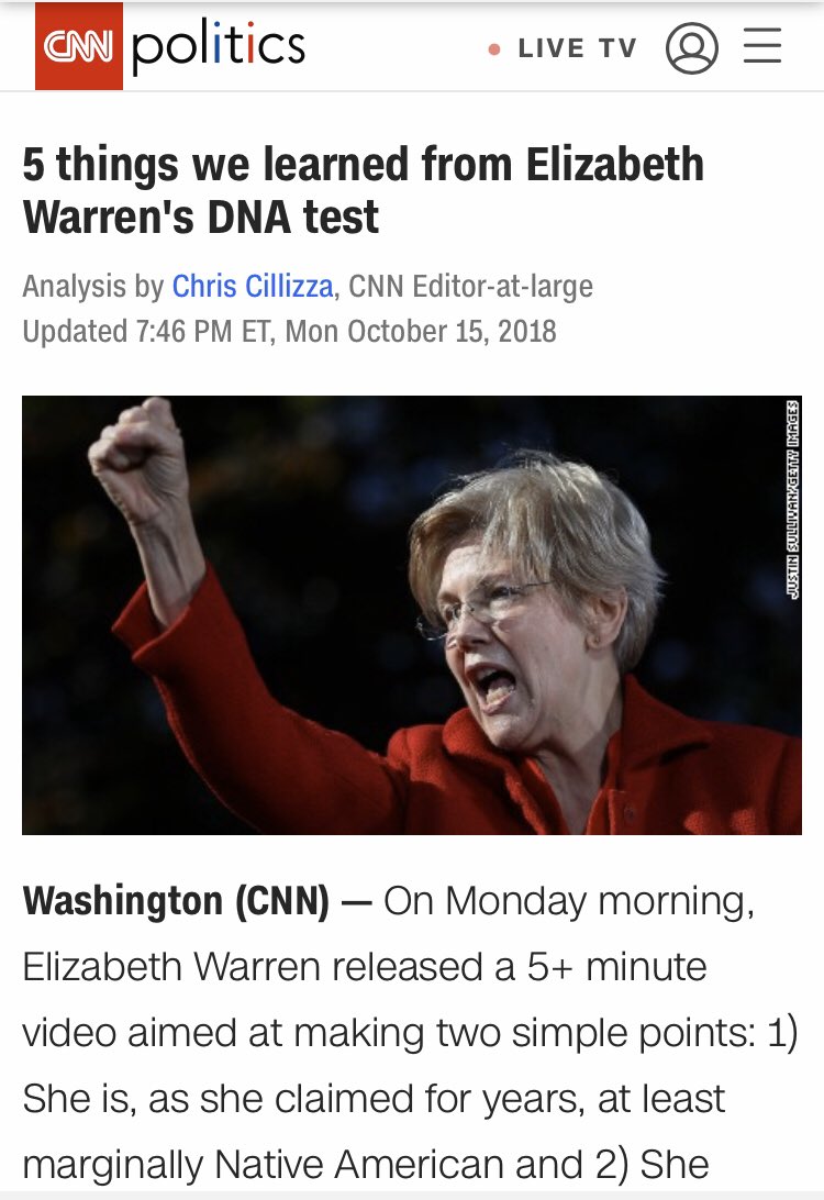 It is amazing that one of the “5 things we learned” from  @ewarren’s test isn’t “Elizabeth Warren is not actually Native American.”Astute observations as always,  @CillizzaCNN
