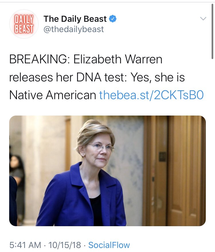 I let outlets and individuals off the hook if they hedged this one even a little, or said that Warren ‘claimed’ versus ‘proved’ her “ancestry” claim.  @thedailybeast, well, they didn’t do that. Four-pic entry.