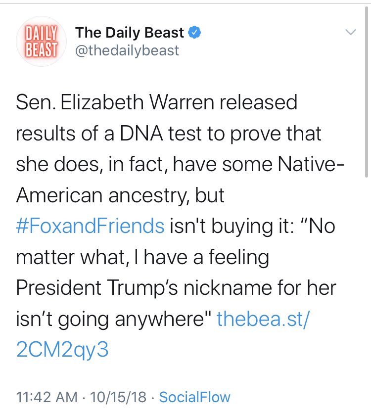 I let outlets and individuals off the hook if they hedged this one even a little, or said that Warren ‘claimed’ versus ‘proved’ her “ancestry” claim.  @thedailybeast, well, they didn’t do that. Four-pic entry.