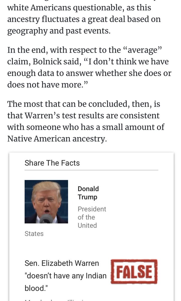 Also,  @factcheckdotorg got in on the fun here, using the classic double negative to claim that it’s false to say Warren isn’t a Native American.