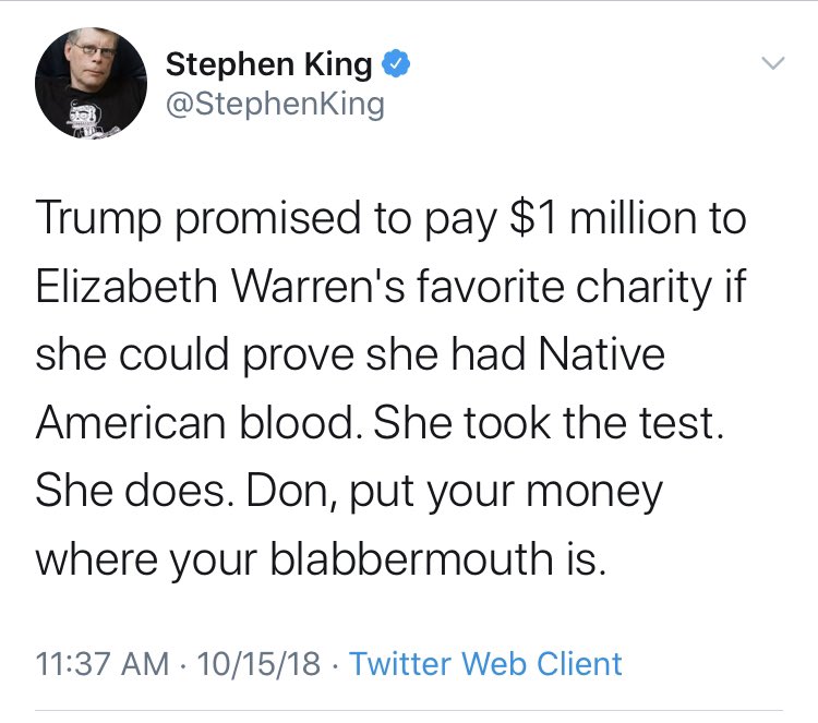 And it wasn’t just media. Many of the usual galaxy brain twitter users weighed in on behalf of Warren’s laughable test results. Here’s  @tonyposnanski And fan favorite  @DeanObeidallah. And long-suffering Trump Derangement Syndrome patient  @StephenKing.