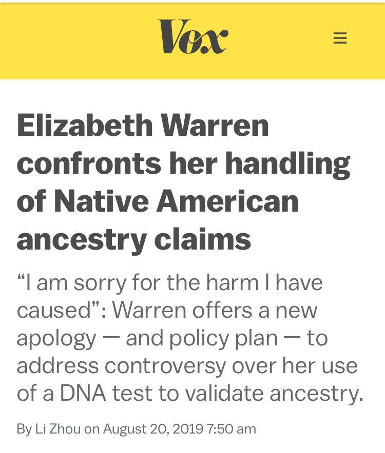 At  @voxdotcom, Warren’s lies play second fiddle to the new plan - her longest yet! she “went all out”! - that was a “meticulous way” to address the “misfire” of...requesting, hyping up, and publishing a DNA test that claims she was less than 1/1000th Native American.