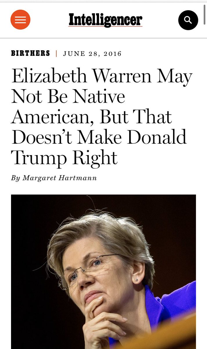 Apparently “the point” of  @ewarren releasing a DNA test showing she was less than 1/1000th Native American was beside the point, to  @NYMag. And even if - gasp! - she isn’t Native American, the real culprit, as always, remains Donald Trump. Right,  @NYMag?