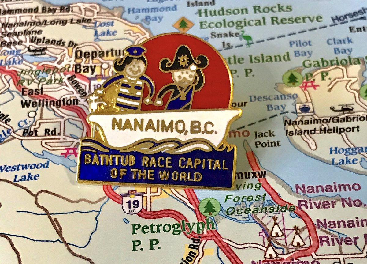 7. NANAIMO- Branding yourself as "Bathtub Race Capital of the World" is wonderful- The true delight is the couple: don't they look happy? Aren't we all looking optimistically over the horizon in our own bathtub, tossed about by fate and the seas?- i have too many nanaimo pins