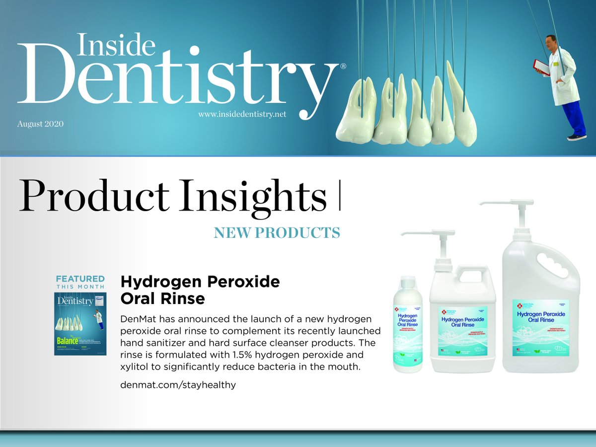 denmatdental's tweet photo. Featured in #InsideDentistry https://t.co/ORr6K5yshu DenMat's NEW Hydrogen Peroxide Oral Rinse https://t.co/eRvTzR9jHb comes in large 64oz and 128oz (1gal) sizes ideal for chairside use and a 16oz patient-friendly bottle. #dental #dentist #dentistry #oralrinse #DenMat https://t.co/K3UW4udbwy