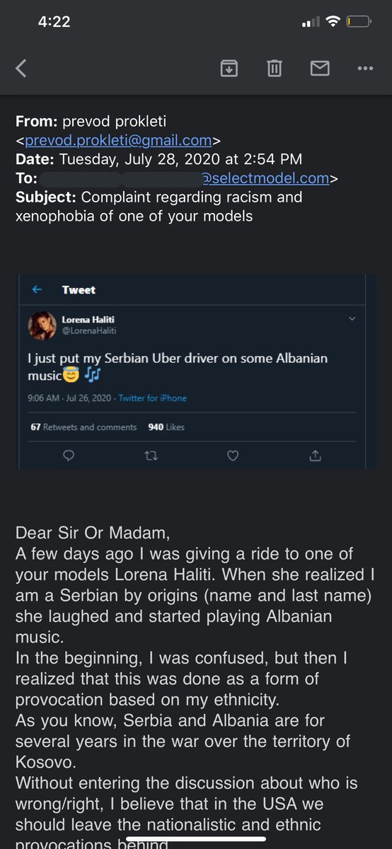 No longer staying silent.  @Uber your Serbian driver filed a complaint to my employer for simply listening to Albanian music during my ride. You have continued to support Xhenophobia and Ethnic racism by banning me with no further investigation. This is disgusting and intolerable.