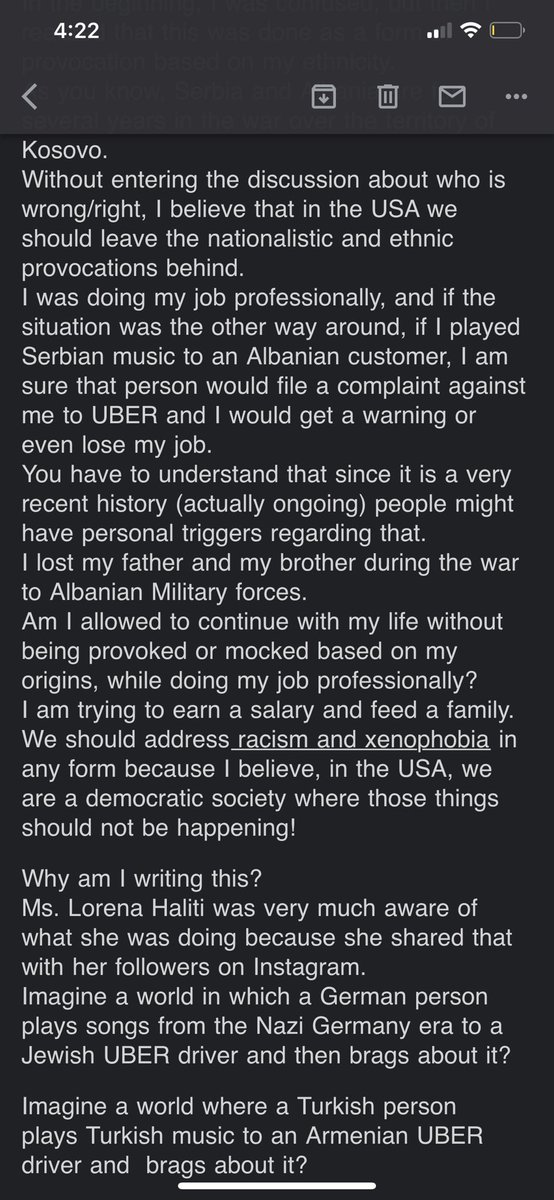 No longer staying silent.  @Uber your Serbian driver filed a complaint to my employer for simply listening to Albanian music during my ride. You have continued to support Xhenophobia and Ethnic racism by banning me with no further investigation. This is disgusting and intolerable.