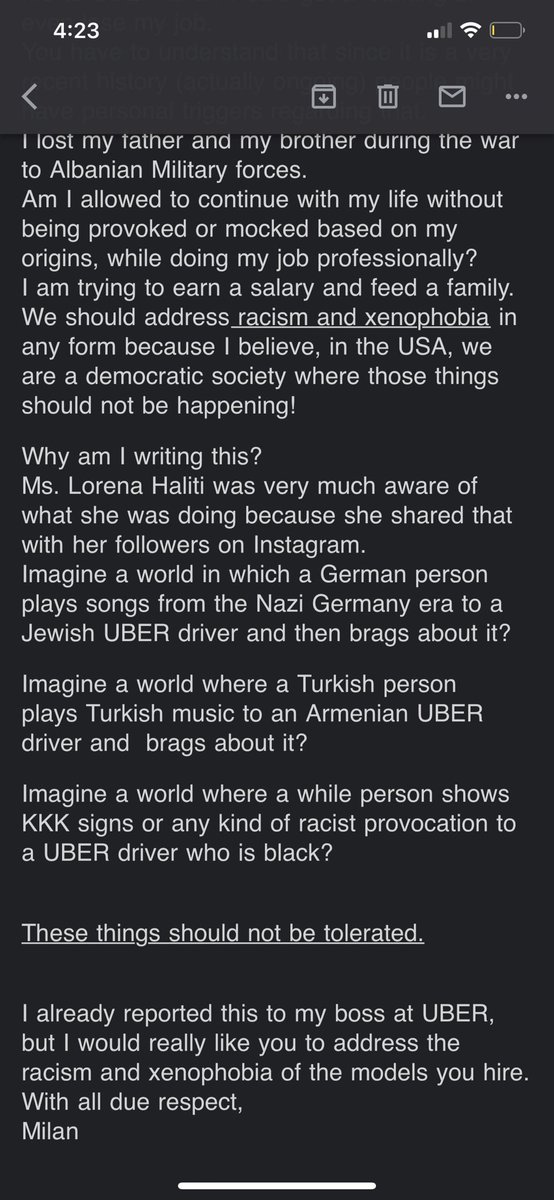 No longer staying silent.  @Uber your Serbian driver filed a complaint to my employer for simply listening to Albanian music during my ride. You have continued to support Xhenophobia and Ethnic racism by banning me with no further investigation. This is disgusting and intolerable.