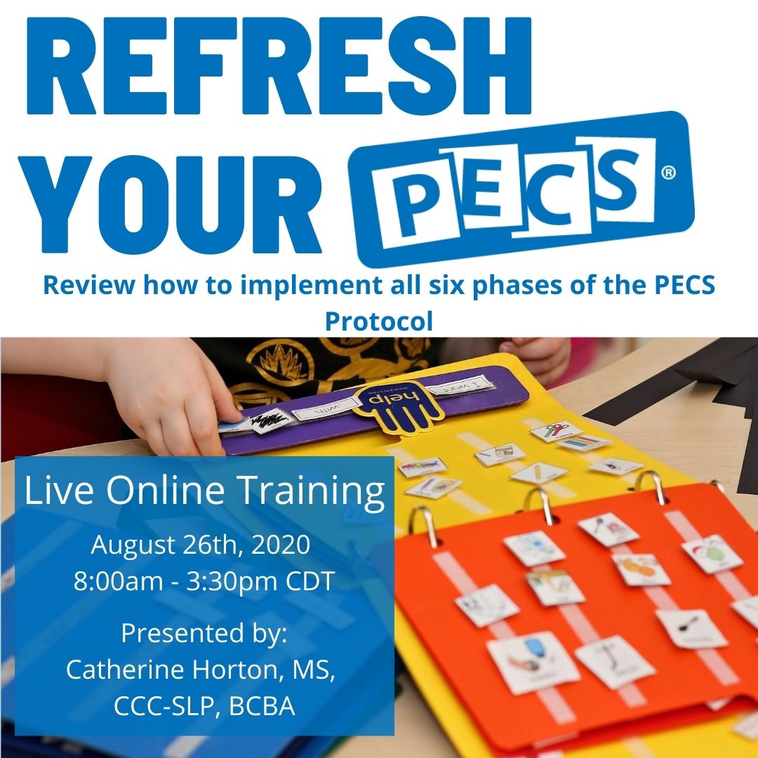 Time to tune up your PECS skills. Refresh Your PECS is a new one day training focusing on a in-depth review of The PECS Protocol. The live online training will take place on August 26th, 8:00am- 3:30pm CDT, for more information or to register please visit: bitly.ws/9ePB