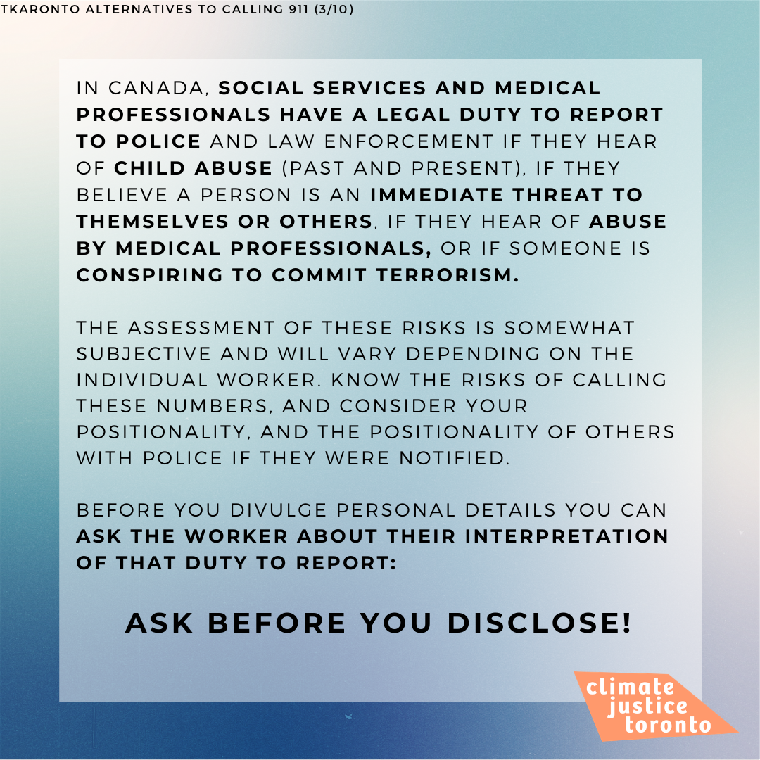 TKARONTO ALTERNATIVES TO CALLING 911Save these numbers in your phone!In our carceral society there are no clear alternatives to calling 911. Even for fire or EMS, there is always a risk of police responding. (1/7)