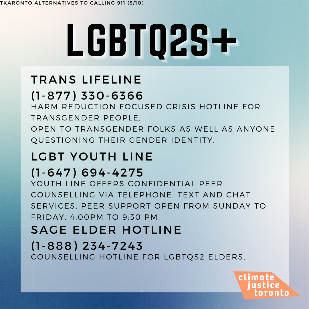 We hope to help folks understand their options for social services and crisis support in Toronto, beyond the police. We must continue to build community alternatives for policing and push to  #abolitionthepolice and  #abolishprisons. (2/7)