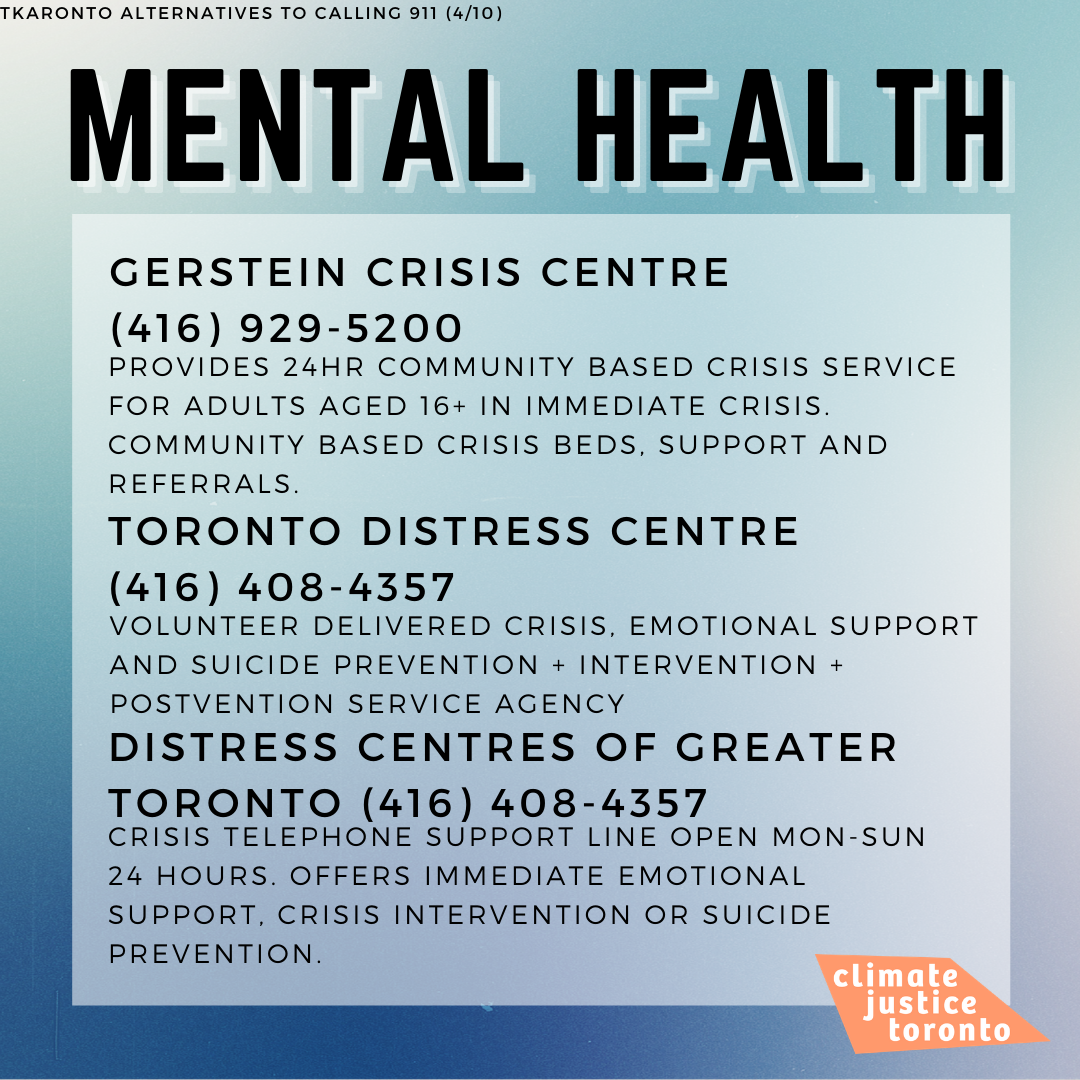 We hope to help folks understand their options for social services and crisis support in Toronto, beyond the police. We must continue to build community alternatives for policing and push to  #abolitionthepolice and  #abolishprisons. (2/7)