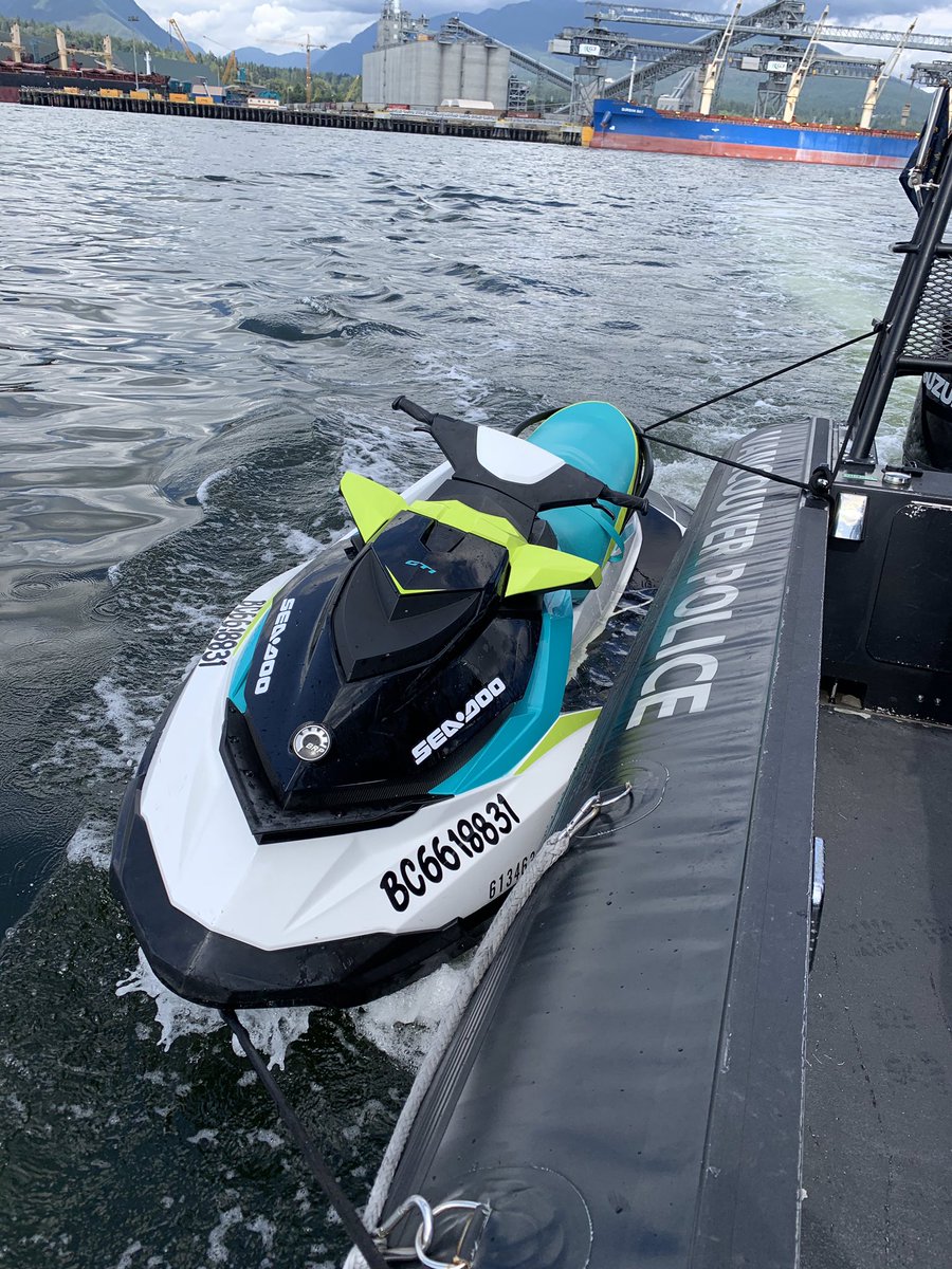 VPDMarineUnit's tweet photo. The stolen Seadoo has been recovered by @VPDMarineUnit and at least one person is in custody in relation to the theft! #solvecrime @VancouverPD https://t.co/ZxqD0x49Ya
