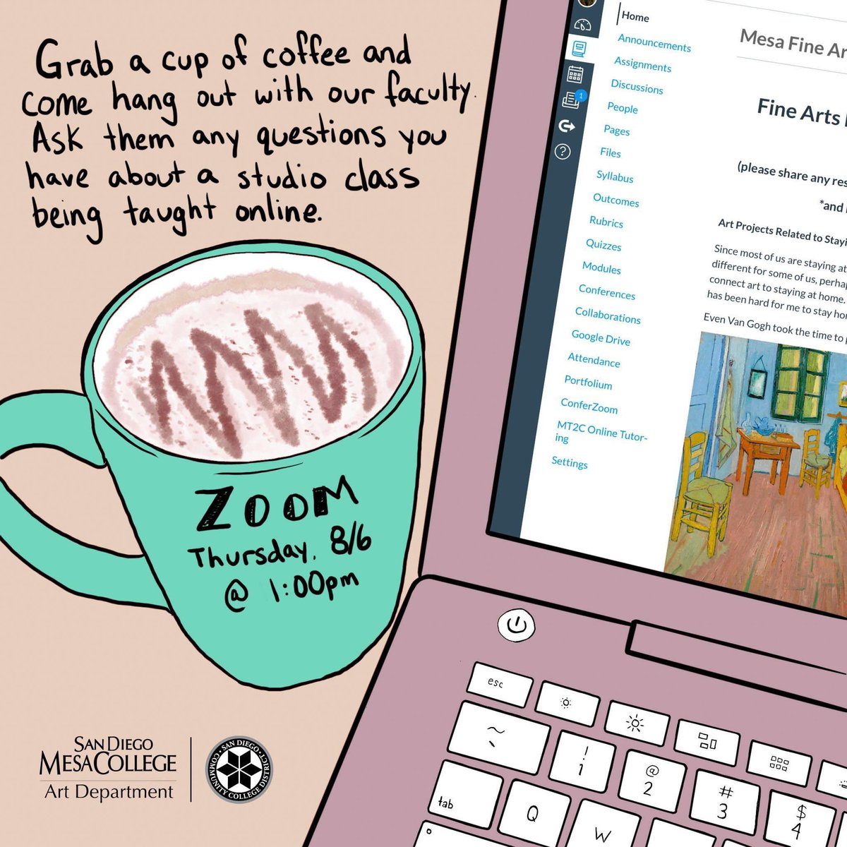 sdmesaarthistor's tweet image. This Thursday at 1 pm! 

Studio Art class informational Zoom session for San Diego Mesa College Fall 2020. Classes start August 17. 
Here is the Zoom link:
Meeting ID: 830 3193 6053
Passcode: Mq5fs6      @sdmesacollege