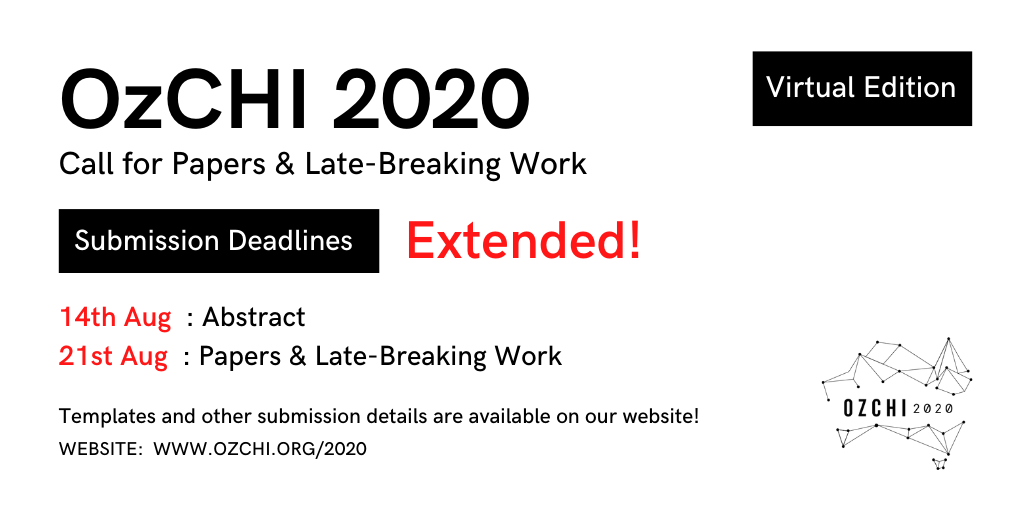 OzCHI Conference (@ozchiconf) on Twitter photo We have some good news! #OzCHI2020 submission deadlines have been extended by *one week* for both Abstracts and Paper/LBW submissions.
More info: ozchi.org/2020/call-for-…
<a href="/HFESA_CHISIG/">HFESA CHISIG</a> We have some good news! #OzCHI2020 submission deadlines have been extended by *one week* for both Abstracts and Paper/LBW submissions.
More info: ozchi.org/2020/call-for-…
<a href="/HFESA_CHISIG/">HFESA CHISIG</a>