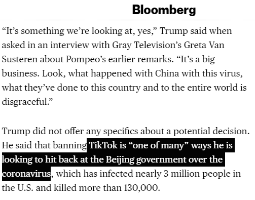 Administration has said one of the main reasons to ban TikTok is to retaliate against China for the virus. It's on the record. They aren't hiding this thought process at all. Is this ok? :  https://www.bloomberg.com/news/articles/2020-07-07/tiktok-touts-u-s-ties-after-pompeo-threatens-to-ban-social-app?sref=cSRHqDay