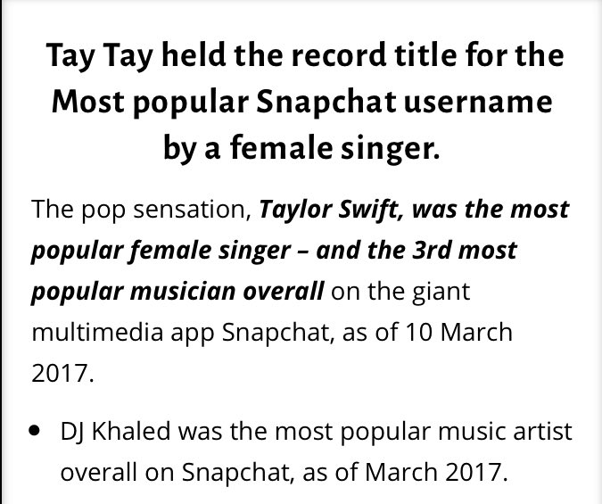 Most popular Snapchat username by a female singerTaylor was the most followed female artist on the platform in 2017.