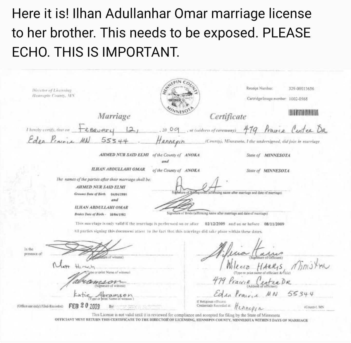EdwardSurett's tweet photo. Here it is. @Ilhan marriage license to her brother. This needs to be exposed. Please RT this is important. https://t.co/11xBYPJVMs