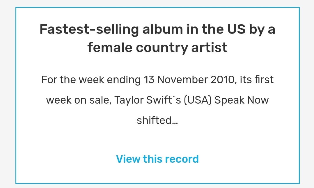 Fastest-selling album in the US by a female country artistfor the week ending 13 November 2010, its first week on sale, Taylor Swift´s (USA) Speak Now shifted 1,047,000 copies.