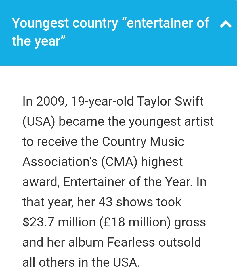 Youngest artist to win CMA's "Entertainer of the Year"At 19 years old, Taylor Swift became the youngest musician to receive the Country Music Association's highest trophy, Entertainer of the Year.