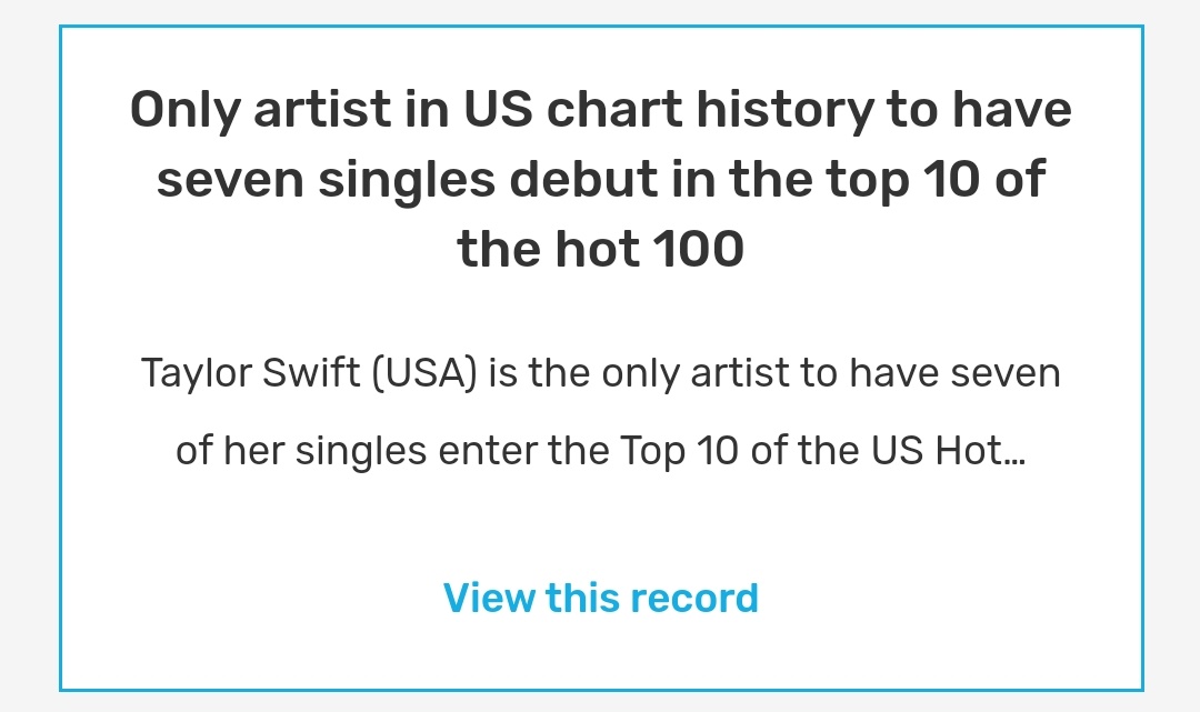 Only artist in US chart history to have seven singles debut in the top 10 of the hot 100the tracks concerned are: “Jump” (2008), “Fearless” (2008), “Jump Then Fall” (2009), ”Today Was A Fairytale” (2010), “Mine” (2010), “Speak Now” (2010) and “Back To December” (2010).