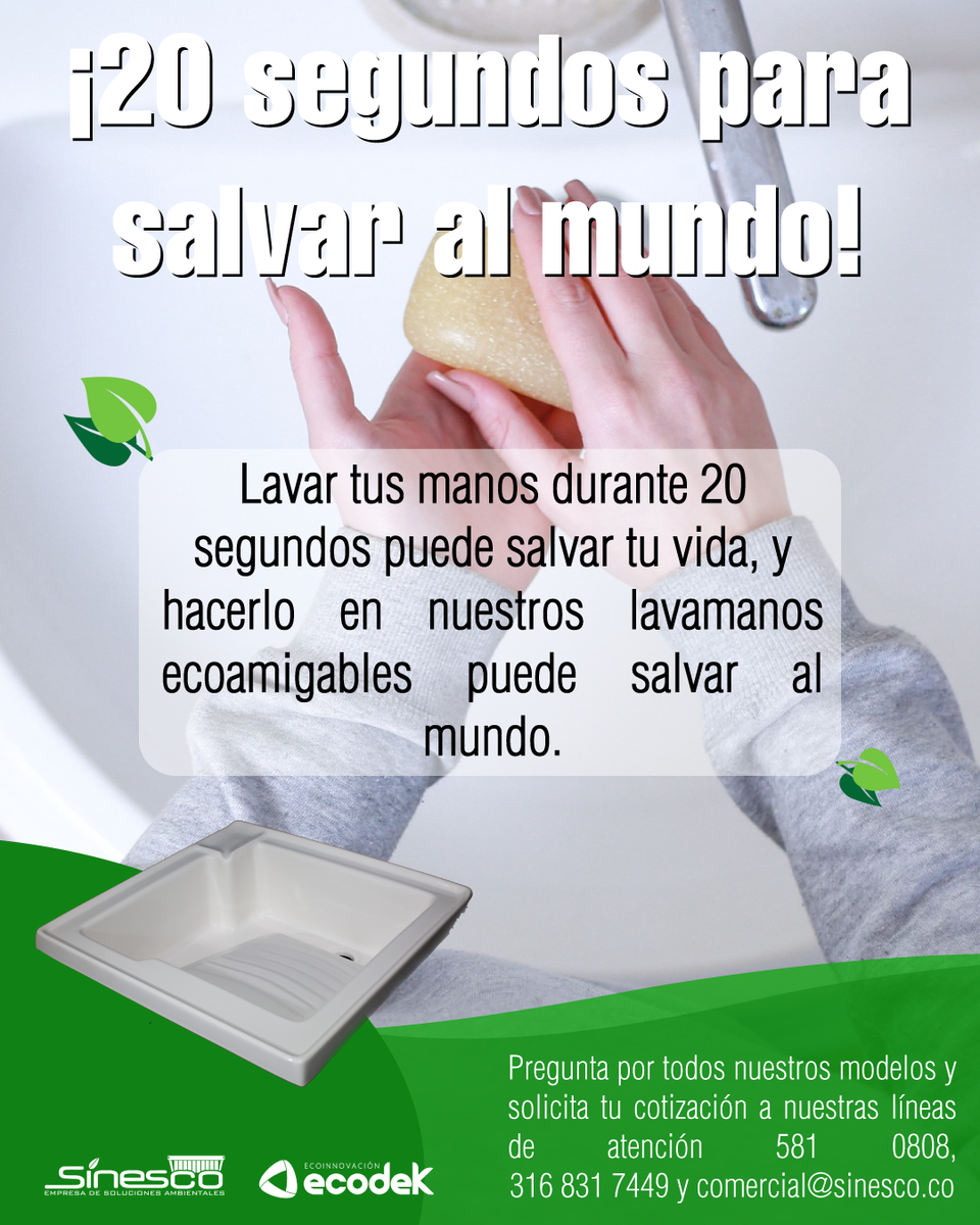 Sinesco_SAS's tweet photo. ¡Protege tu bienestar y el del medio ambiente! Hoy te invitamos a que laves tus manos regularmente durante un mínimo de 20 segundos; y a que adicionalmente, elijas nuestros #lavamanos, #lavaderos y demás acabados arquitectónicos para hacerlo. Llámanos y solicita tu cotización. https://t.co/gRrkI7fM9k