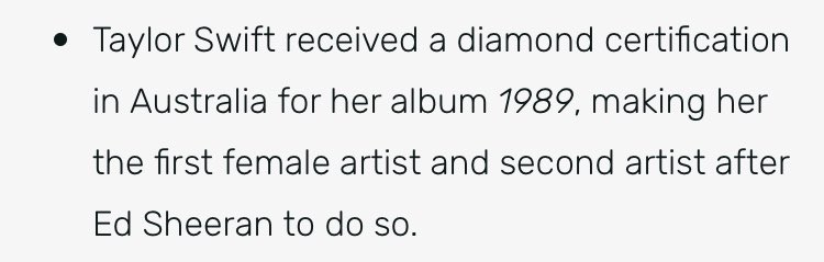 First female artist to have an album certificated diamond in Australia1989 was the first album by a female artist to receive the diamond certification in the country.