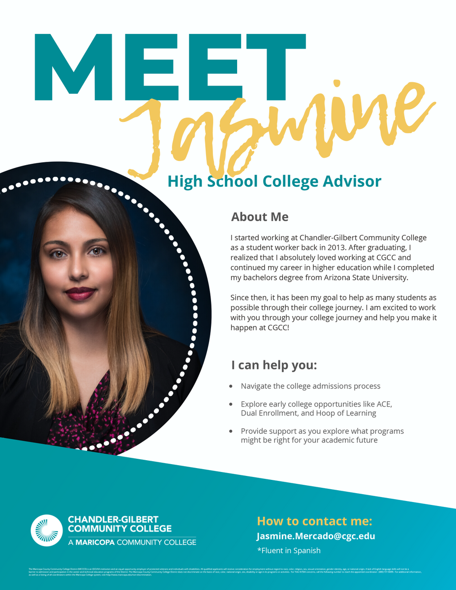Ready to earn college credit while in high school? Jasmine Mercado is the Higley District’s new High School College Advisor contact at Chandler Gilbert Community College. 
ow.ly/ZUeg50APLbx
#HUSDStrongerTogether