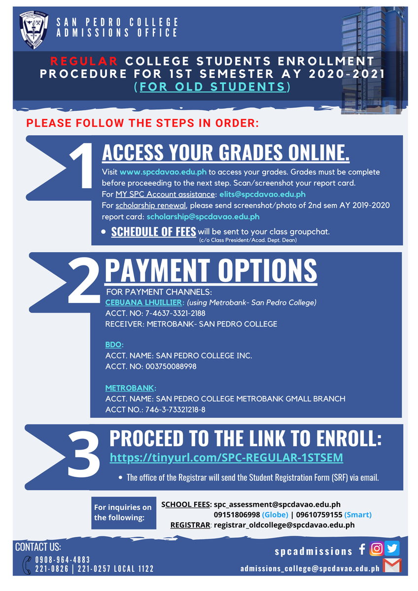 SPCadmissions's tweet photo. ‼️ ATTENTION REGULAR COLLEGE STUDENTS ENROLLMENT PROCEDURE FOR 1ST SEMESTER AY 2020-2021
(for OLD STUDENTS) ‼️ https://t.co/YstGfUeBCP
