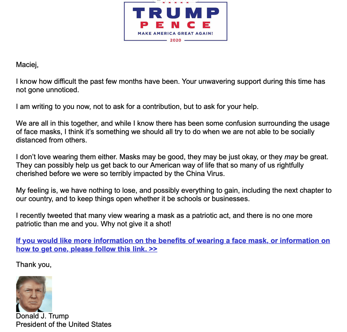 Pinboard On Twitter The Trump Fundraising Team Sent An Email Out Today In The President S Name Asking Everyone To Wear Face Masks