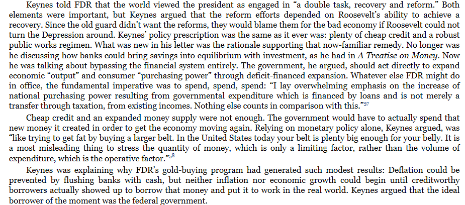 8/ But in a lot of ways, Keynes' faith in institutional capacity also allowed him to see some of the better ideas that were not so obvious. While FDR was committed to his regulatory agenda, it took Keynes' convincing to realize why it must be paired with fiscal deficit expansion