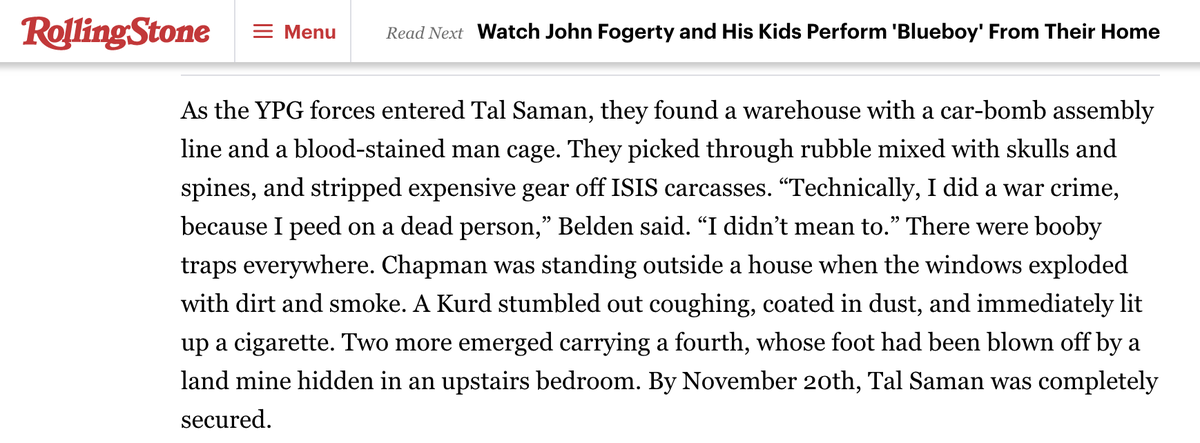 None of this is news, though.Like, at all.That Rolling Stone article where Brace poses with guns, brags about urinating on piles of corpses and skulls, and is like "oopsie, did a war crime, my b"?It's from February 2017.