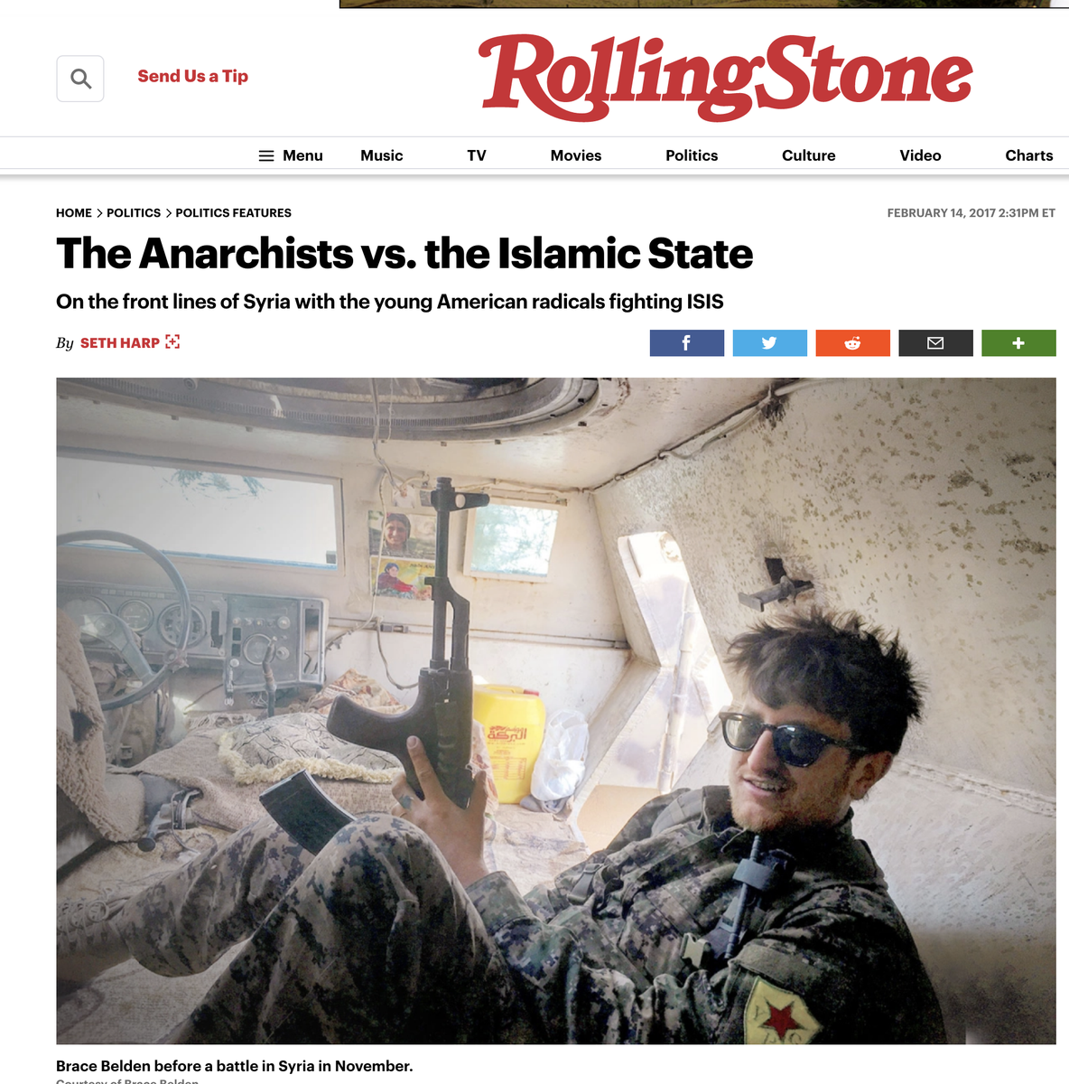 None of this is news, though.Like, at all.That Rolling Stone article where Brace poses with guns, brags about urinating on piles of corpses and skulls, and is like "oopsie, did a war crime, my b"?It's from February 2017.