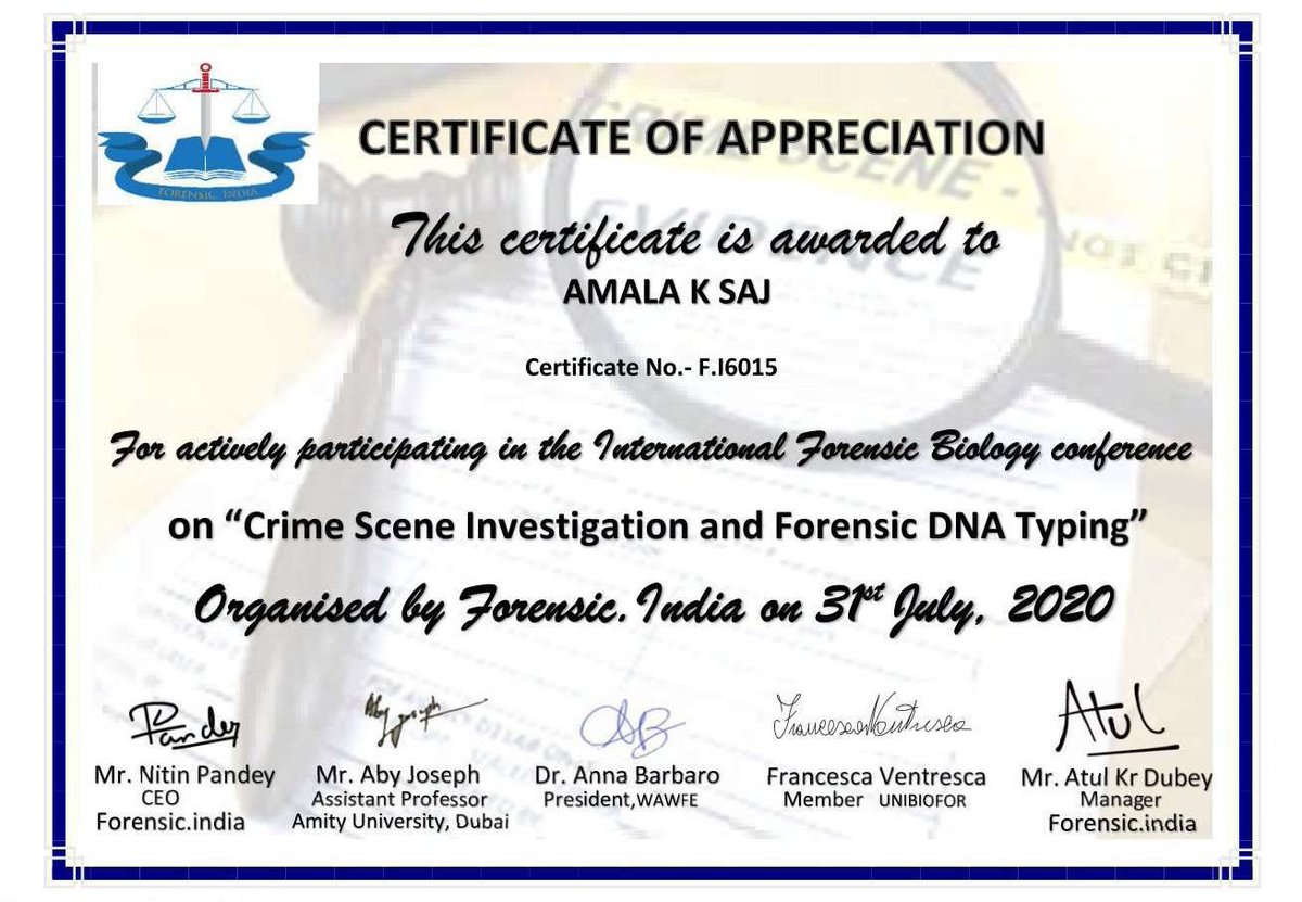 AmalaKSaj's tweet photo. Webinar participation certificate on the topic 'Crime Scene Investigation and DNA Typing' organized by Forensic India. https://t.co/MxUzBMkxHZ