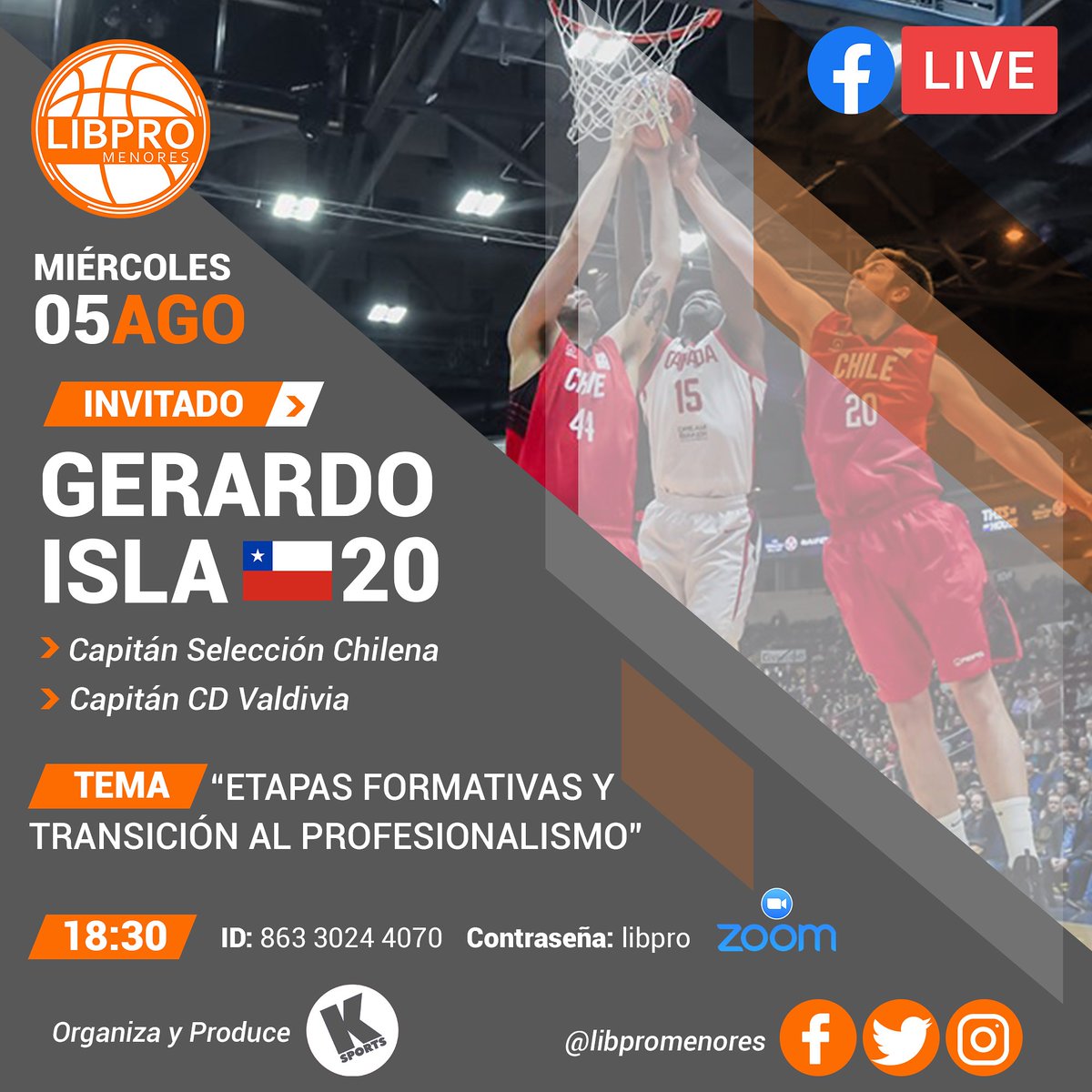Para todos los jugadores y clubes participantes de #LibproMenores, este miércoles 5 a las 18:30 hrs. vía zoom , tendremos una interesante charla con el capitán de 🇨🇱 <a href="/ChileFeba/">Federación Básquetbol de Chile</a> <a href="/GerardoIsla20/">Gerardo Isla Domke</a> , no te la puedes perder!. También puedes seguirla en vivo por el fanpage Libpro.