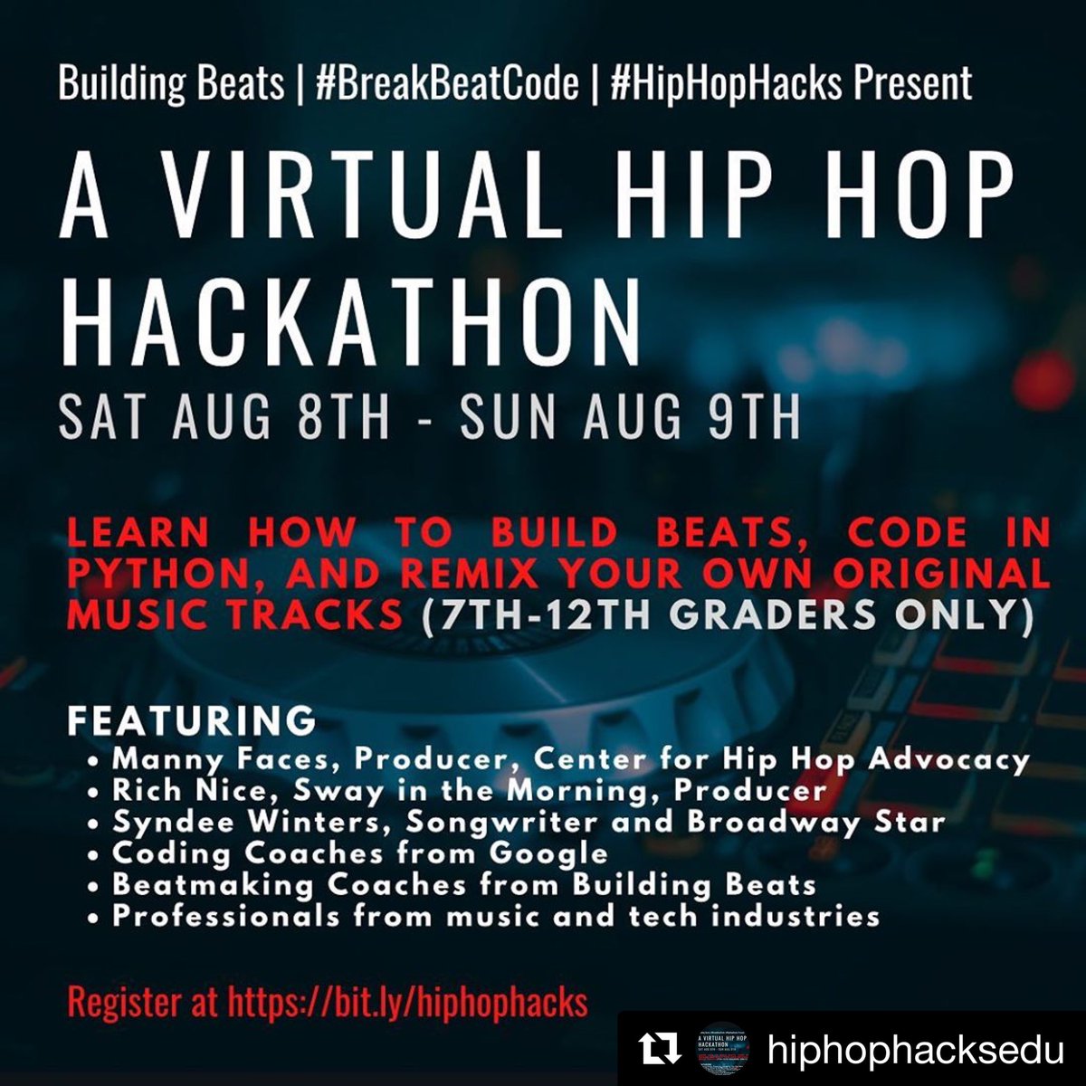 Help spread the word about this free virtual hip-hop #hackathon we got poppin’ this weekend for 7th-12th graders. 

Students will build beats, code in #python, and create remixes.

.<a href="/BuildingBeats/">Building Beats</a> <a href="/MannyFaces/">Manny Faces</a> <a href="/SyndeeWinters/">Syndee Winters</a> <a href="/RichNiceDigital/">Rich Nice</a> on deck! #hiphophacks #hiphoped #stem