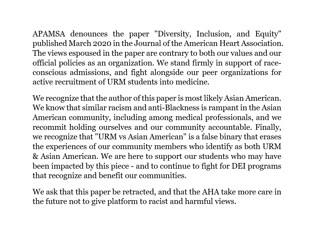 APAMSA's tweet photo. APAMSA denounces the paper "Diversity, Inclusion, and Equity" published March 2020 in the Journal of the American Heart Association. The views espoused in the paper are contrary to both our values and our official policies as an organization.

#MedTwitter #MedStudentTwitter https://t.co/kT0lq0nU3P