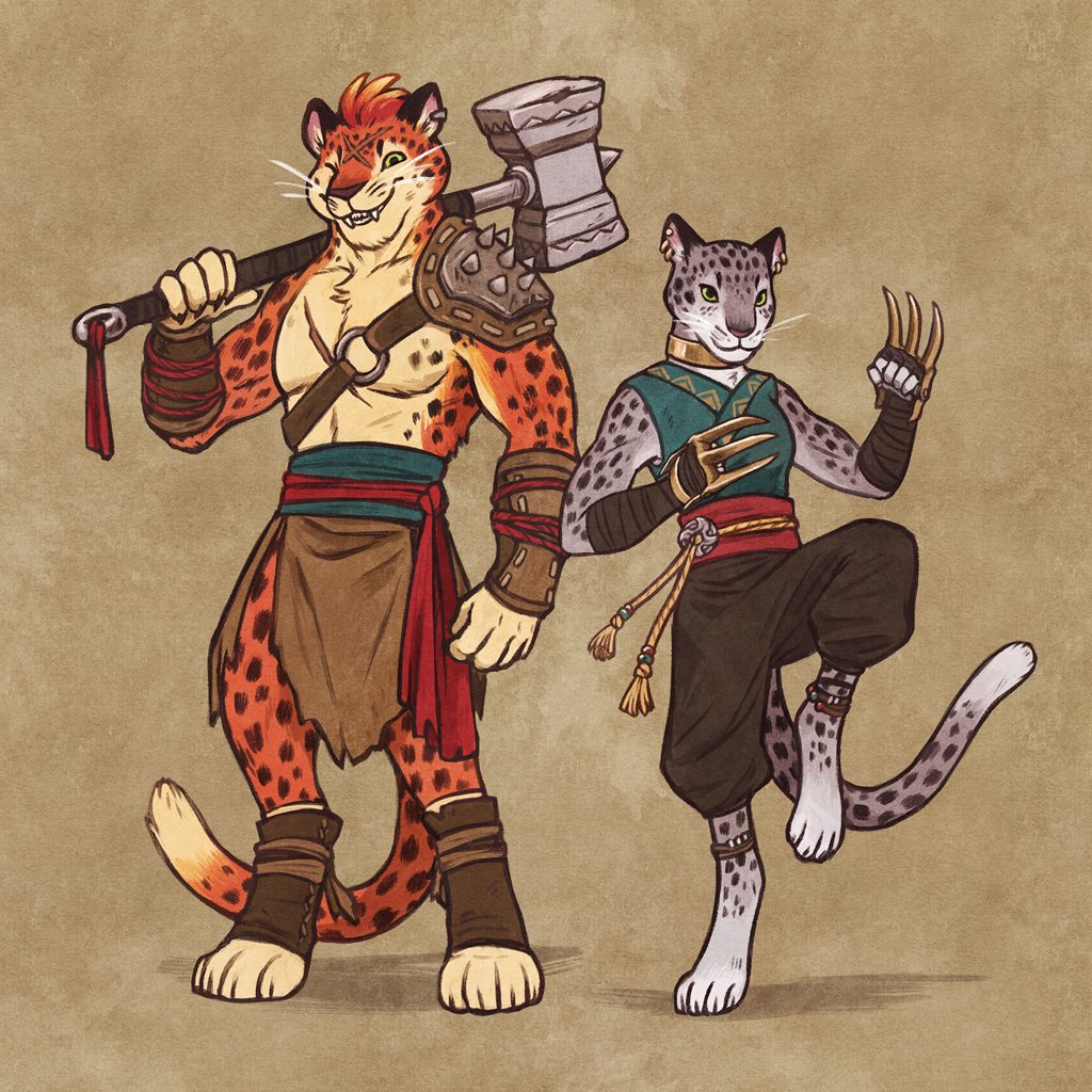 My character from the last dnd campaign I played- Smoke on the Water, a tabaxi monk, and her barbarian brother, Fire in the Sky 🤘