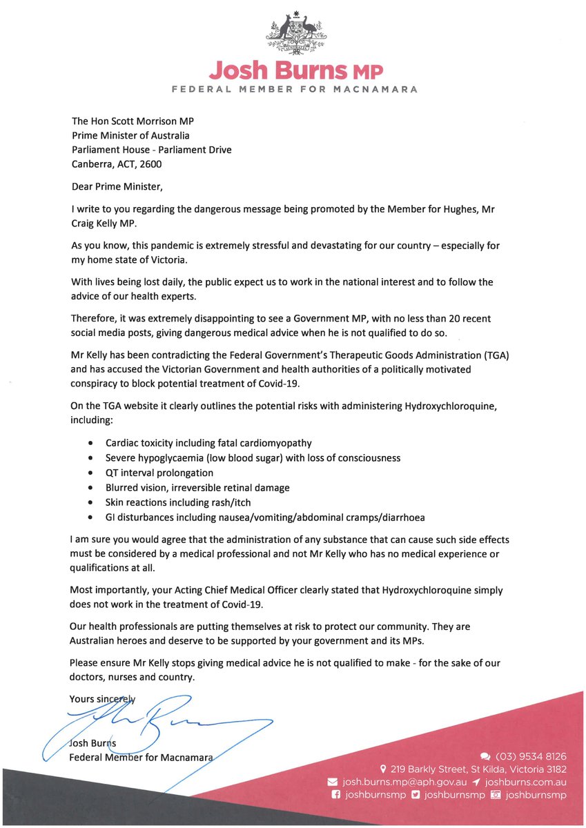 joshburnsmp's tweet photo. Dear @ScottMorrisonMP,

Please stop your MP, @CraigKellyMP, issuing medical advice he is not qualified to give.

#auspol https://t.co/nruLdF9xmU