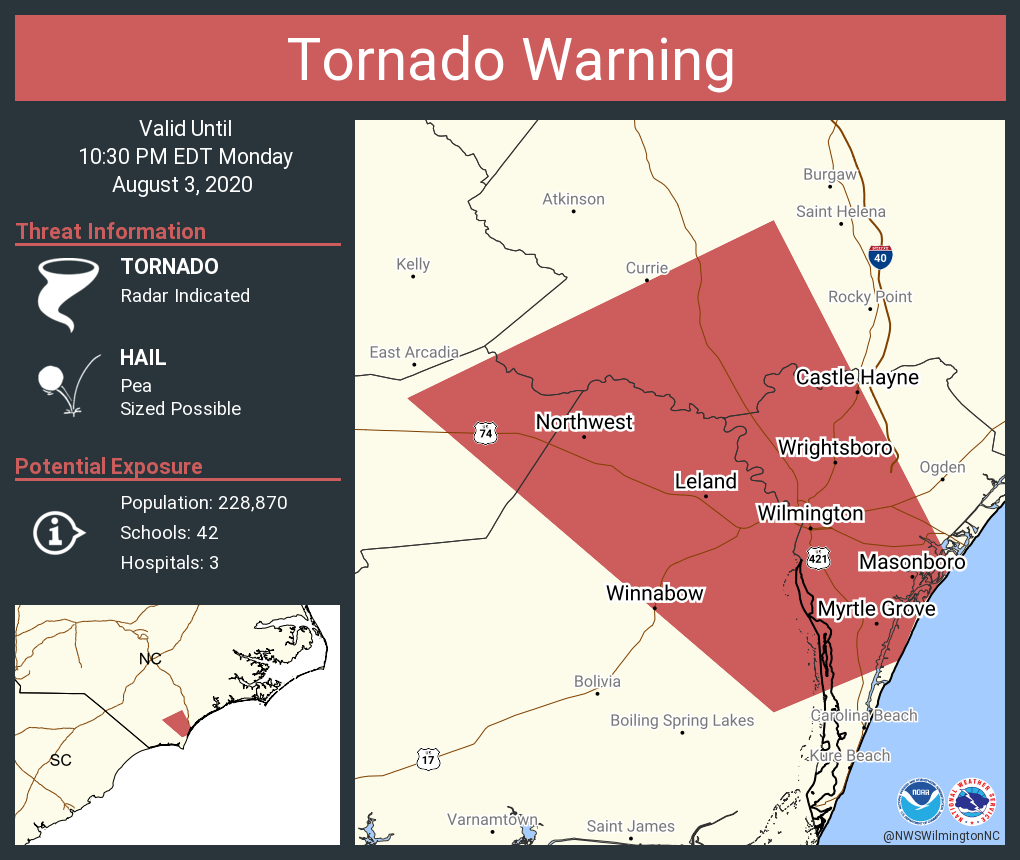 Tornado Warning including Wilmington NC, Leland NC, Myrtle Grove NC until 10:30 PM EDT