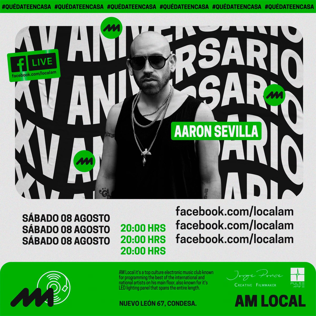 AM_Local's tweet image. Segundo LIVESTREAM de celebración por nuestros XV Años, Pulse Wave se encarga de la música con Aaron Sevilla &amp;amp; Zetter desde la cabina. ¡Conéctate el sábado en punto de las 20:00 hrs!🎶🎧💥💚

𝖢𝗅𝗎𝖻𝖻𝗂𝗇𝗀 𝖼𝗎𝗅𝗍𝗎𝗋𝖾.
#AMLocal #Clubbing