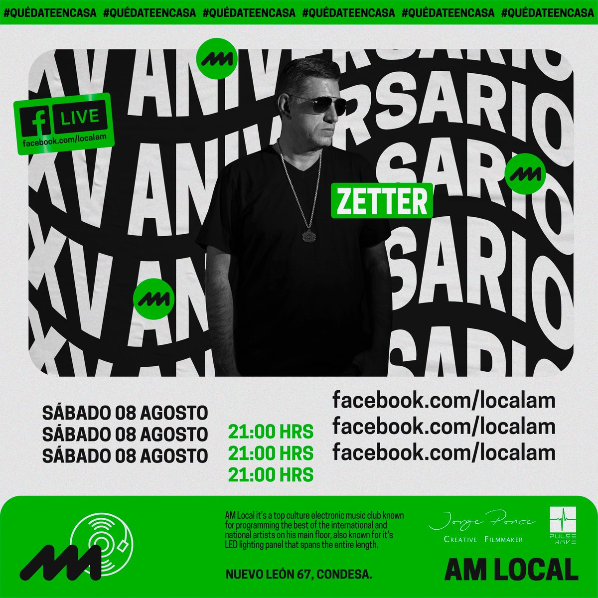 Segundo LIVESTREAM de celebración por nuestros XV Años, Pulse Wave se encarga de la música con Aaron Sevilla &amp; Zetter desde la cabina. ¡Conéctate el sábado en punto de las 20:00 hrs!🎶🎧💥💚

𝖢𝗅𝗎𝖻𝖻𝗂𝗇𝗀 𝖼𝗎𝗅𝗍𝗎𝗋𝖾.
#AMLocal #Clubbing