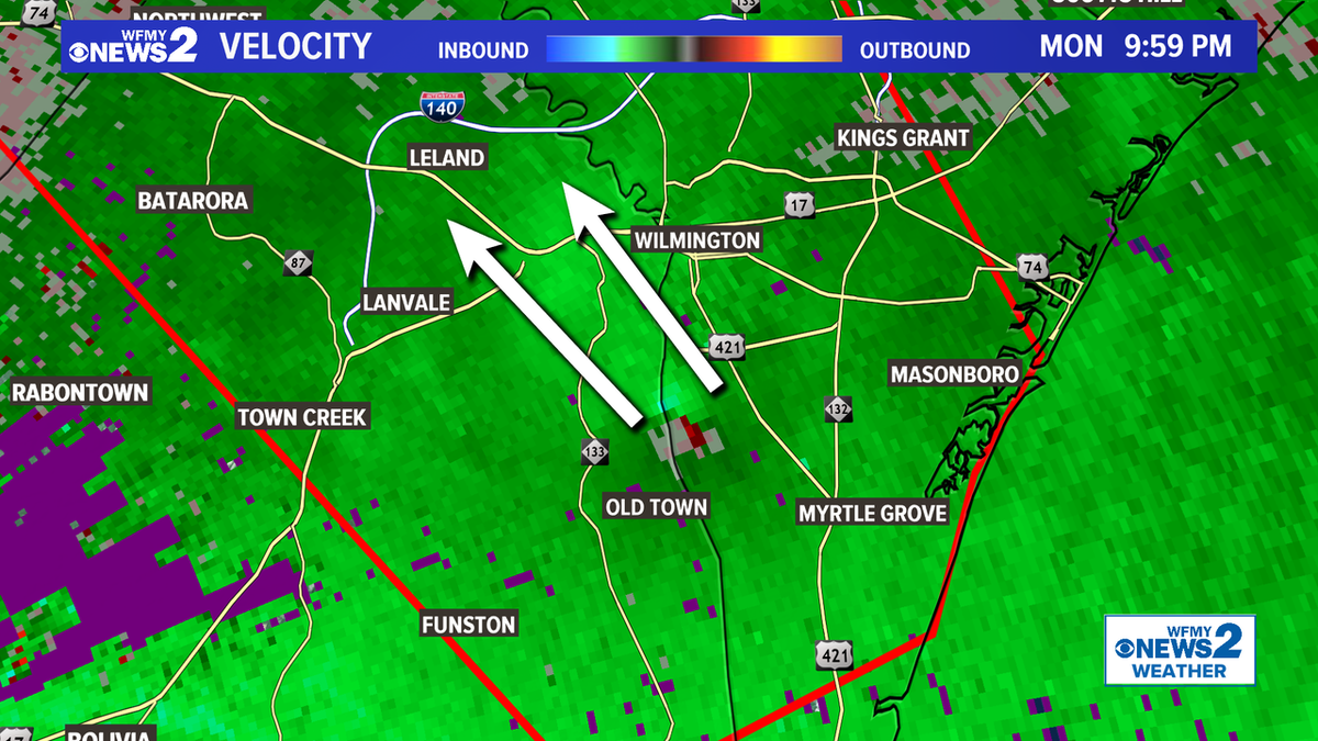 10pm - Another possible tornado forming along the Cape Fear River just south of Wilmington, along River Rd. It's moving toward Leland in Brunswick County. Another possible tornado moved through this area earlier tonight. #Isaias