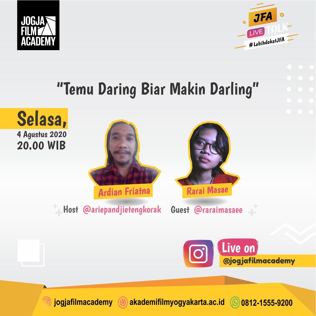 jogjafilmac's tweet photo. #LebihDekatJFA @jogjafilmacademy Live On Instagram bareng @ariepandjietengkorak dan @raraimasaee MALAM INI JAM 20.00WIB 🙌
Kira-kira apa yang mau diobrolin ya kalau temanya adalah "Temu Daring Biar Makin Darling" ? Penasaran kan? Nantikan serunya obrolan mereka di IG Live JFA! 🤓 https://t.co/TQ1jvtFCM7