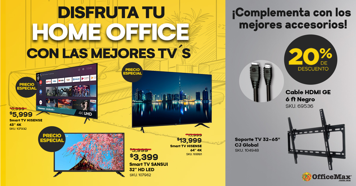 En OfficeMax encontrarás la TV ideal para acompañar tus días de #HomeOffice y #HomeSchool. ¡#QuédateEnCasa y aprovecha las ofertas que tenemos para ti! Compra en officemax.com.mx o vía 800 9999 MAX (629). Vigencia del 3 al 10 de agosto del 2020. Consulta restricciones*.