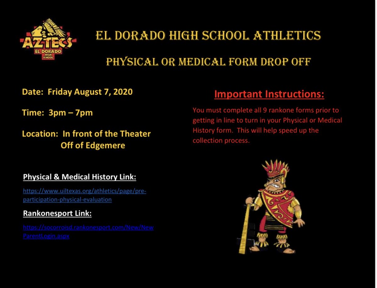 ELDO_FB's tweet photo. Attention all Aztec Athletes!!! Physical drop off will be this Friday August the 7th from 3pm-7pm. More info check SportsYou page @EDAztecs_HS @CoachCal_ADM @ELDO_BSoccer @ELDO_GSoccer @ELDO_GBBall @ELDO_Boyshoops https://t.co/XALIji3v0V